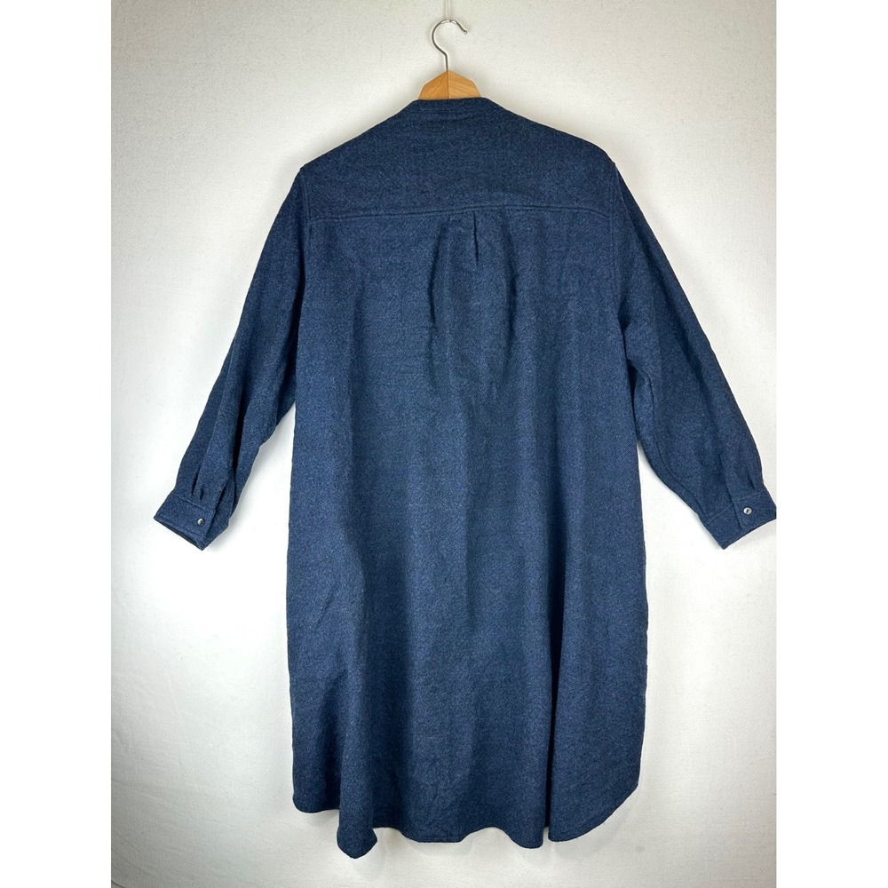 Ichi Japan Navy Blue 100% Wool Button Front Band Collar Midi Shirt Dress Pocket - Picture 4 of 10